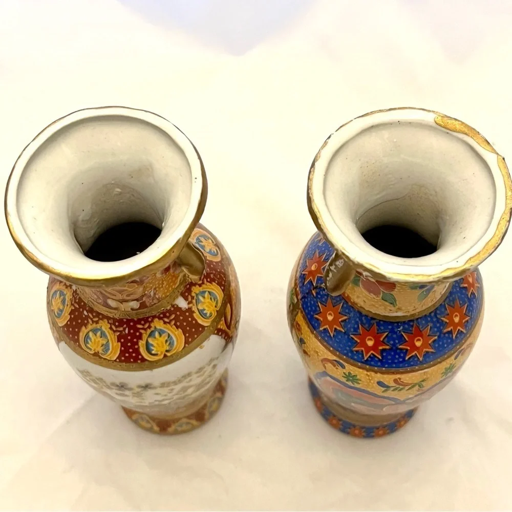 Japanese Satsuma Style Vases, Small Set of 2, Made in China, Vintage VGUC